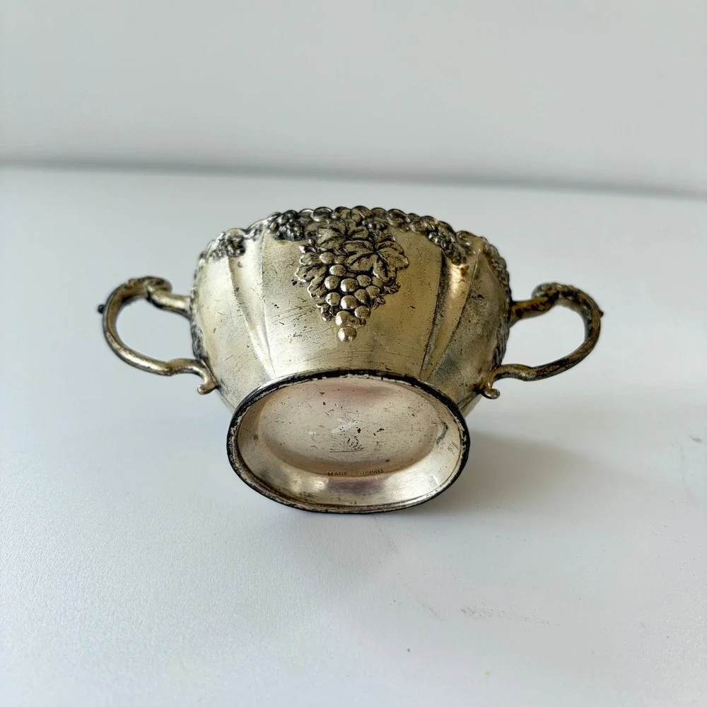 Vintage Silver Plated Creamer and Sugar Bowl Set Grape Motif Made in Japan